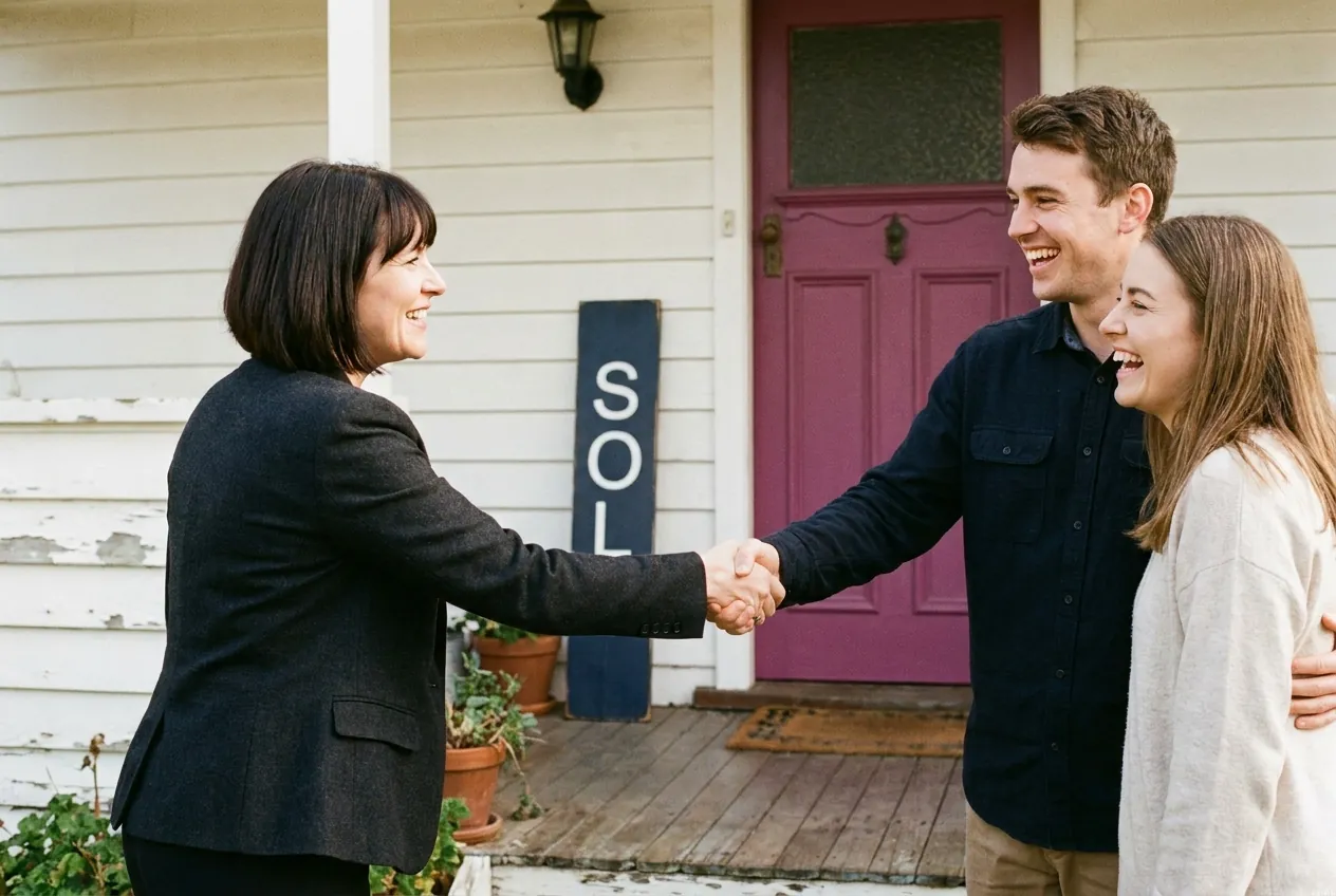 Mara shaking hands with a young couple on the doorstep of their new home