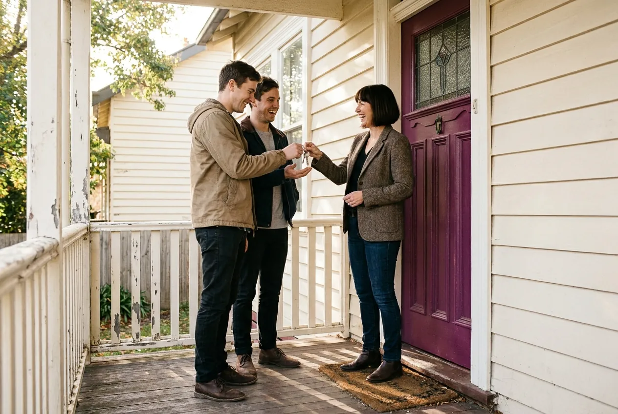 Keys on a ring, handed to a young couple at their plum front door.