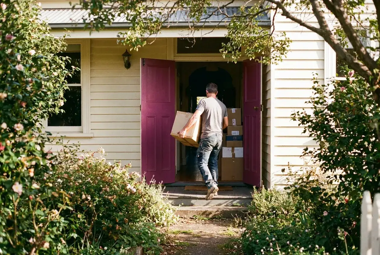 Moving boxes carried through the open front door of a new home