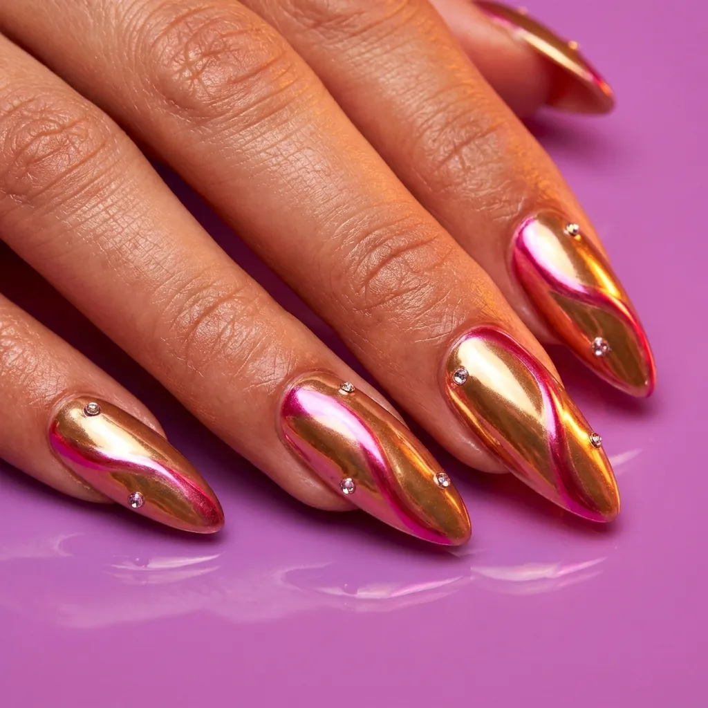 Close up of glossy gold and pink chrome swirl nail art set with tiny crystals