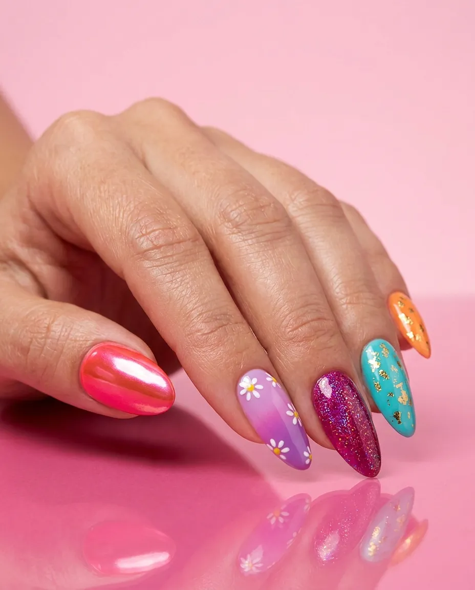 A hand with bold glossy nail art: chrome coral, lilac daisies, magenta glitter and gold flecks