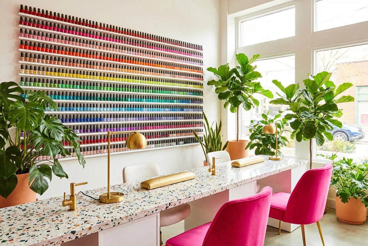 Lacquer Lab interior: a rainbow wall of nail polish, terrazzo counters, gold lamps, hot pink chairs and leafy plants