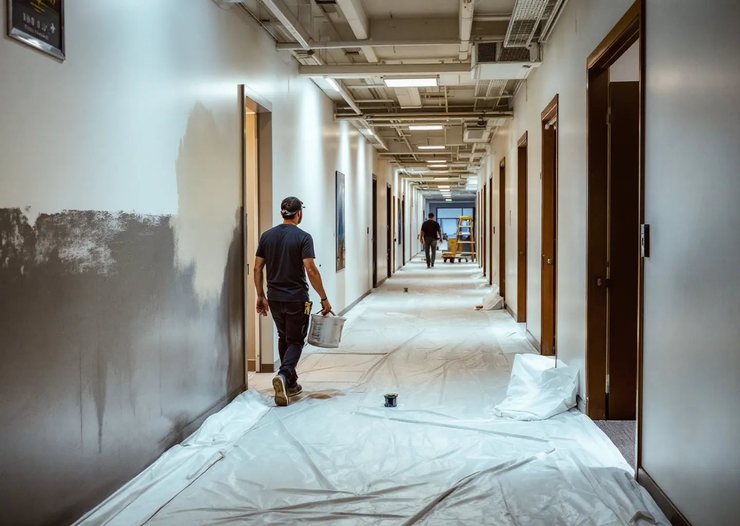 Office corridor mid-repaint after hours with tidy dropsheets