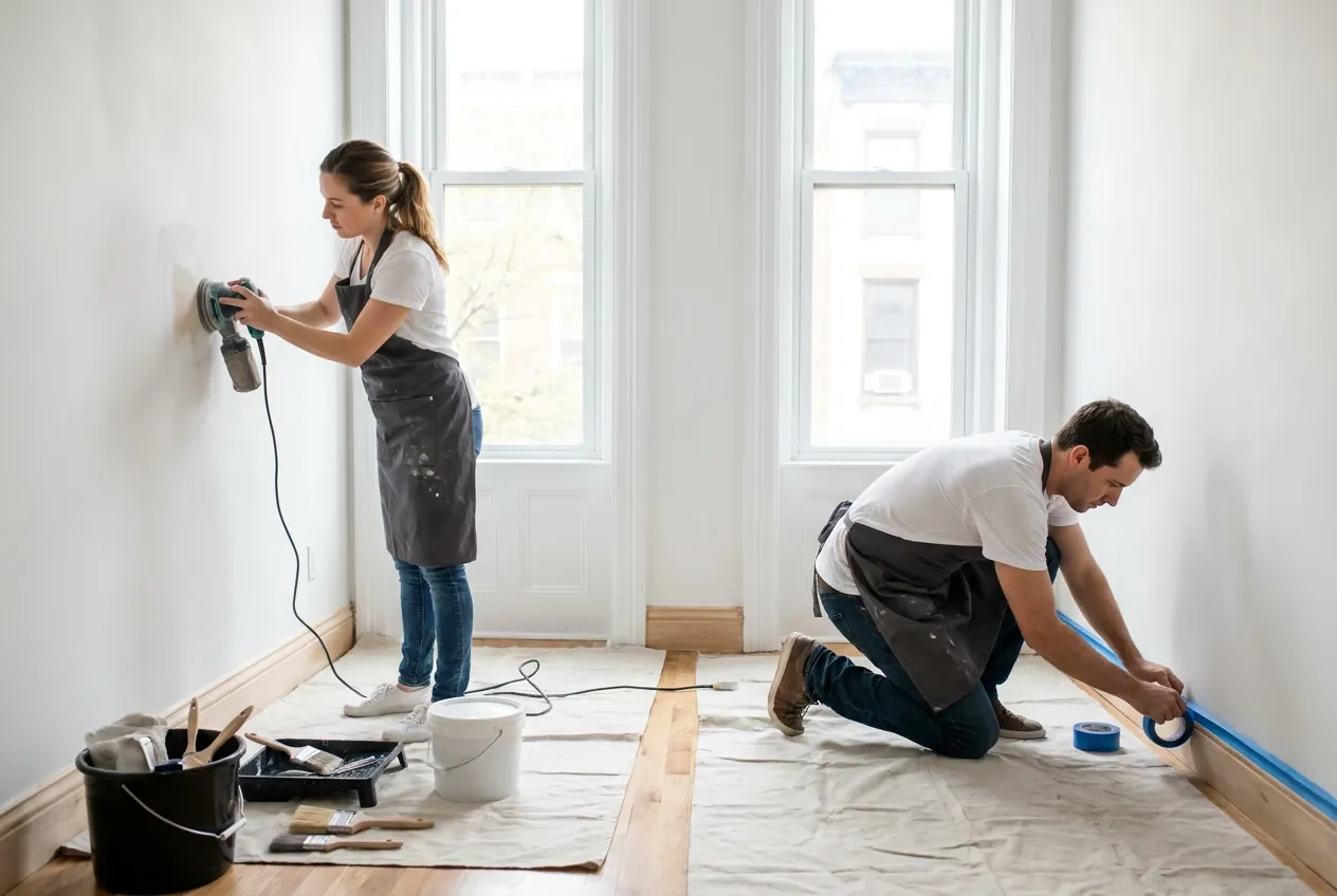 Two painters prepping a room, one sanding walls and one taping skirting boards over dropsheets