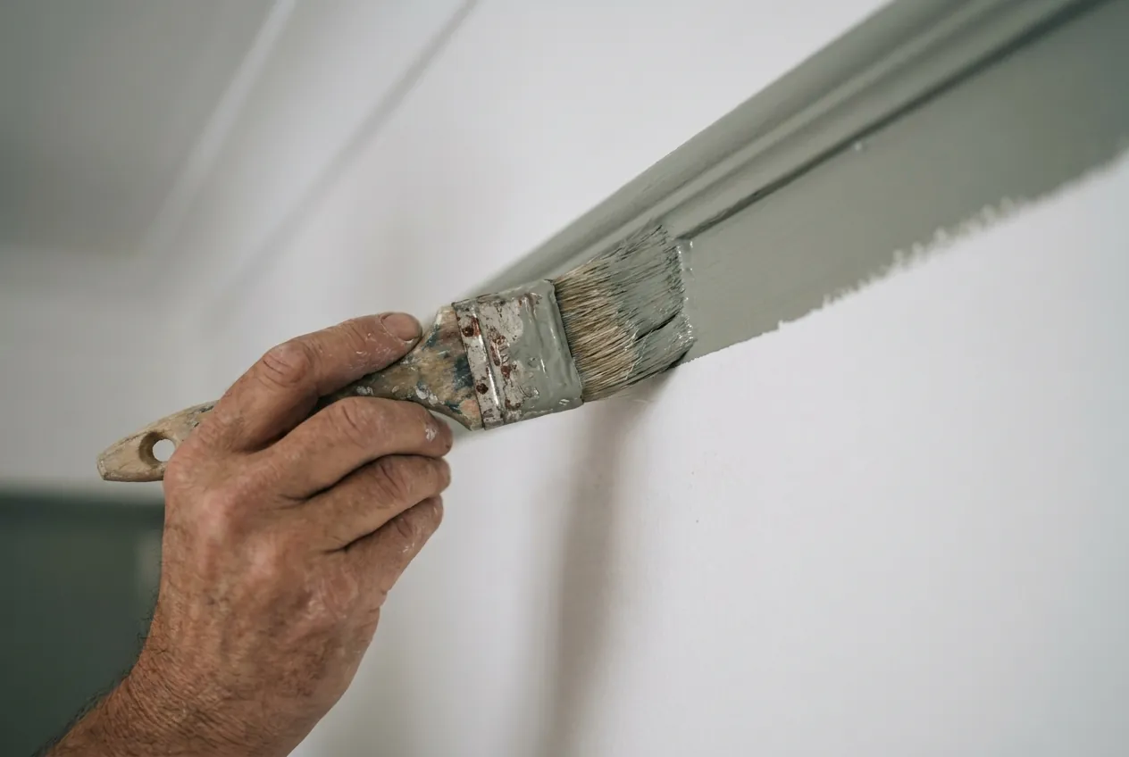 Steady hand cutting a razor-straight line of grey sage along ceiling trim