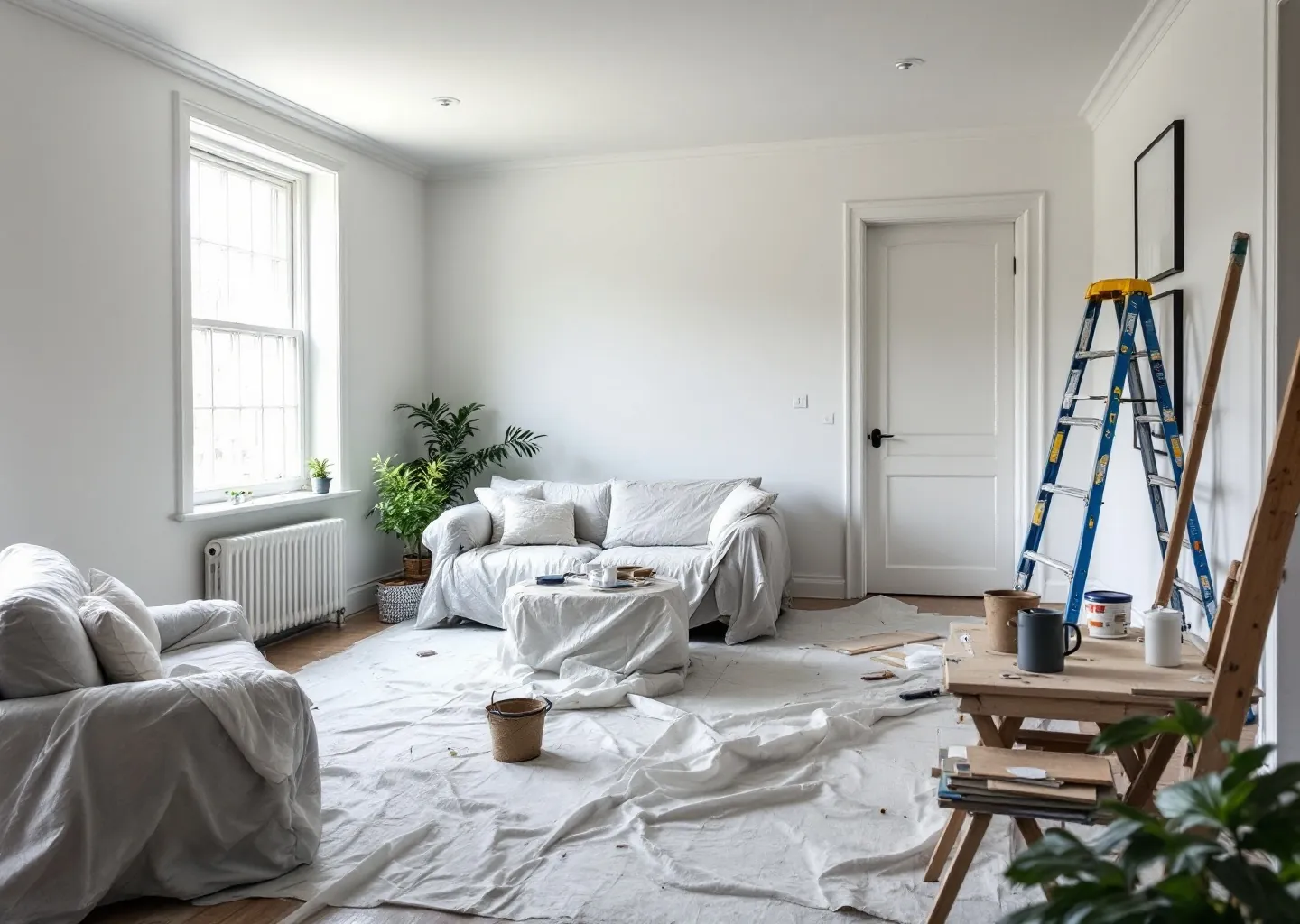 Tidy dropsheeted room mid-repaint with taped edges and ordered kit