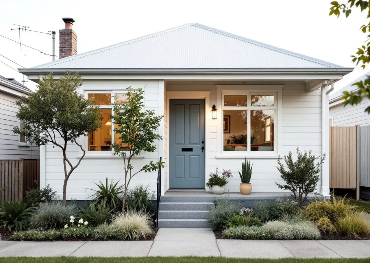 Freshly repainted weatherboard facade in morning light with a slate blue front door