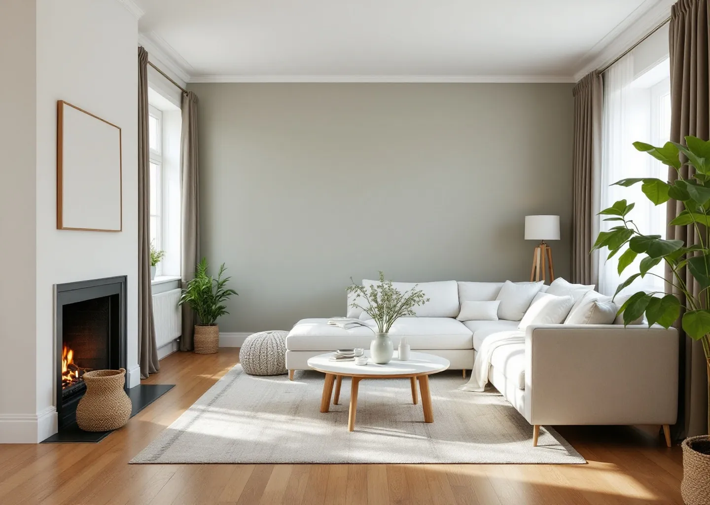 Finished repainted living room with a grey sage feature wall in natural daylight