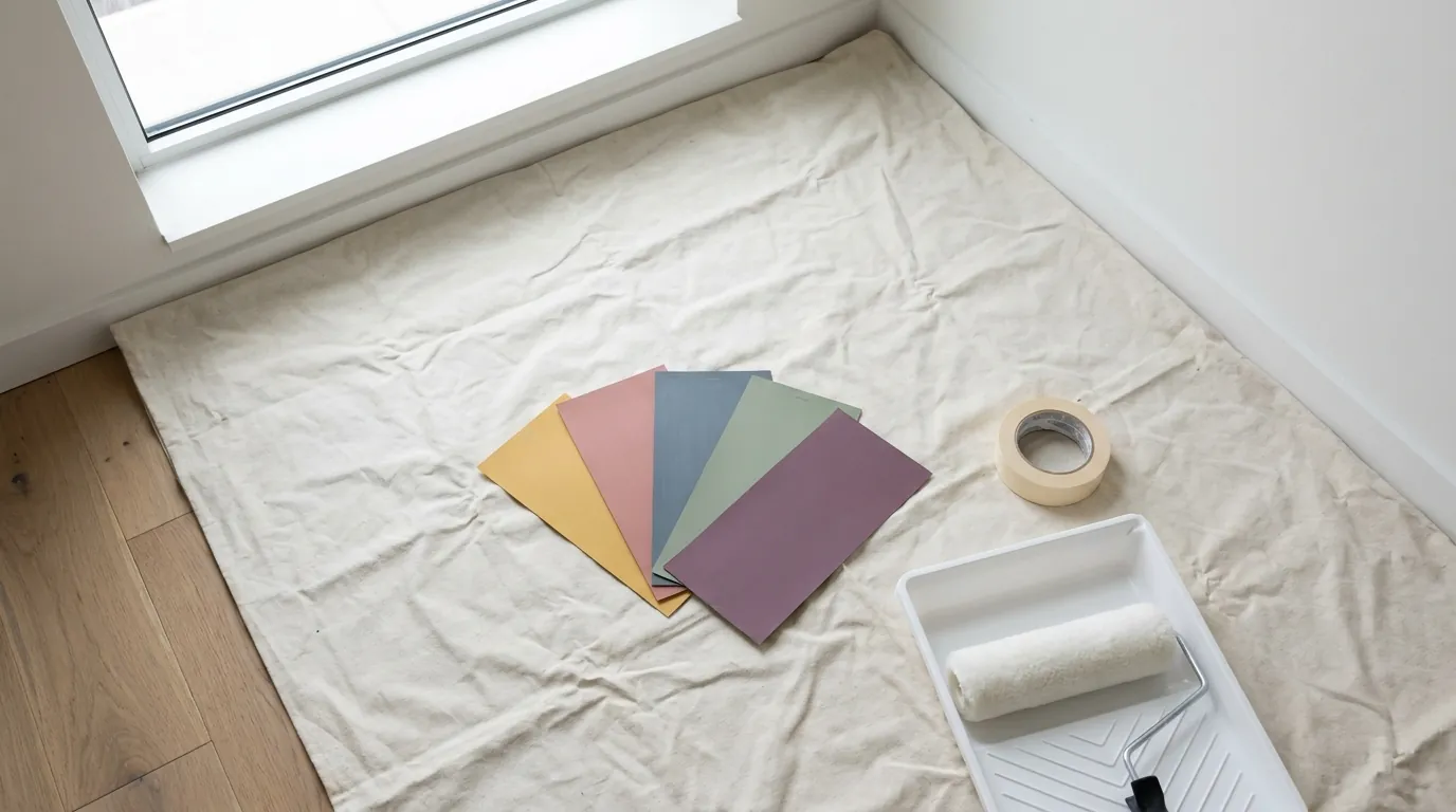 Five painted drawdown cards fanned on a canvas dropsheet beside a clean roller tray