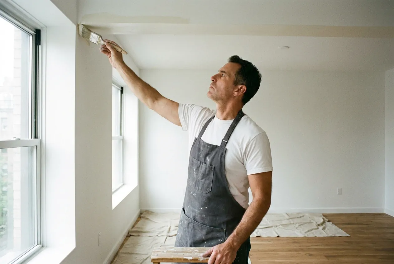 Painter in an ink grey apron cutting a ceiling line by hand with a steady brush