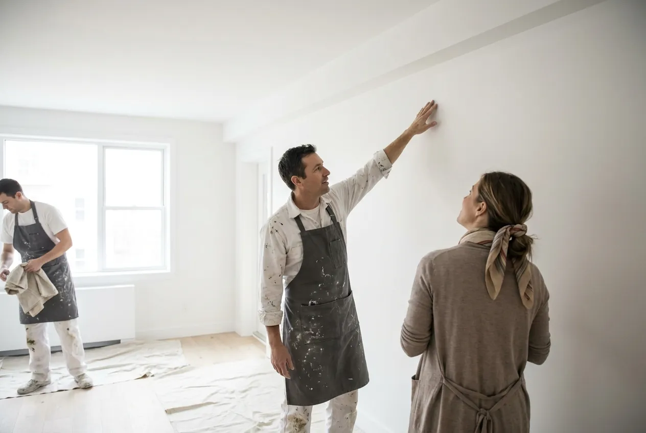 Crew lead walking a homeowner through her freshly repainted living room