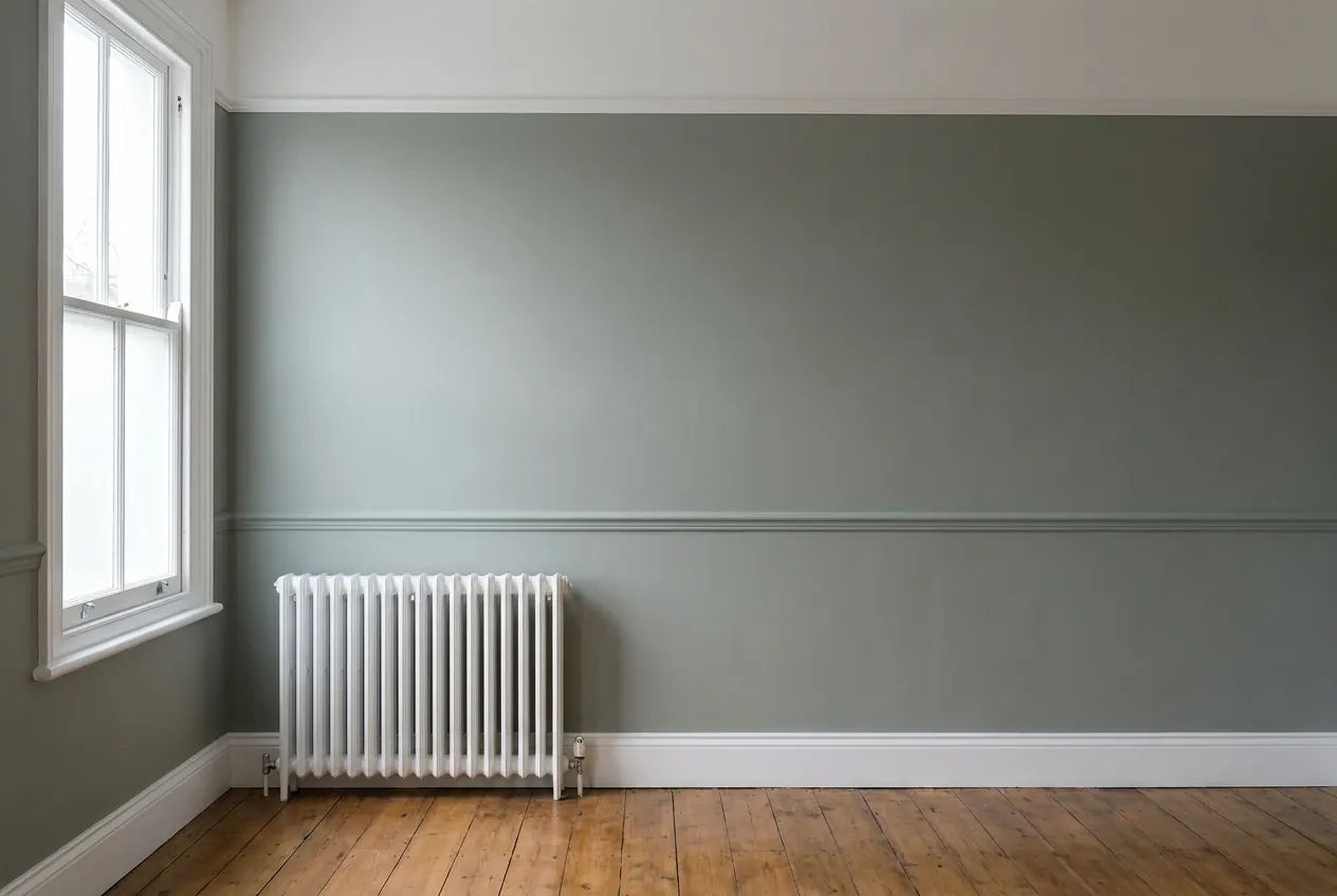 The same wall finished in grey sage with a crisp hand-cut ceiling line