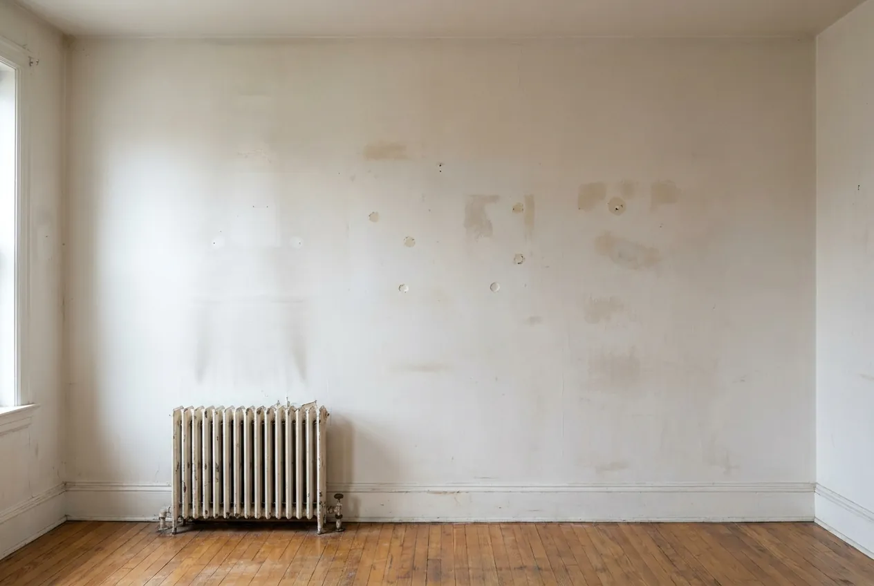 Scuffed and patch-filled bedroom wall before repainting
