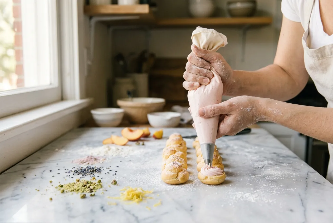 A pastry chef's hands piping pale pink cream onto éclairs on a floured marble bench.