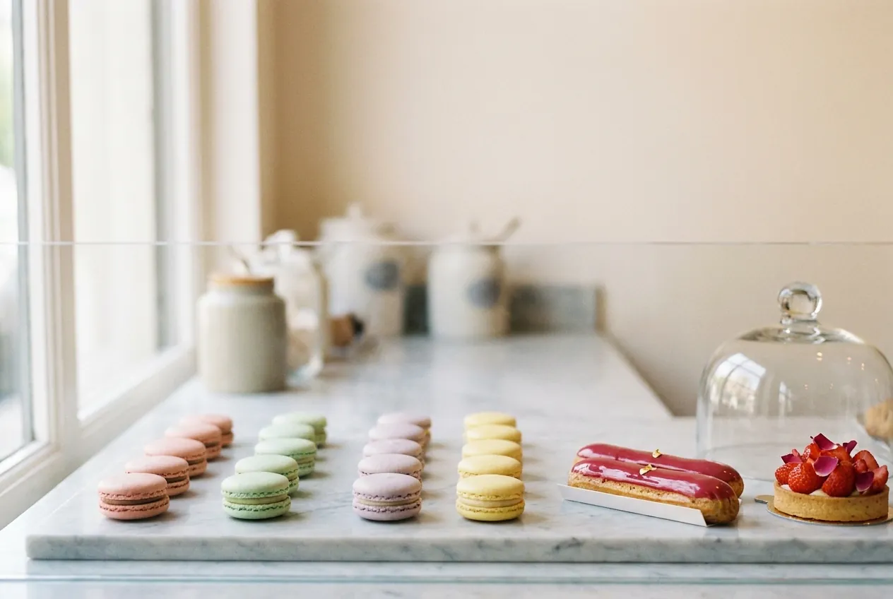 A marble patisserie counter in morning light: rows of pastel macarons, a raspberry éclair and a strawberry tarte beside a glass cloche.