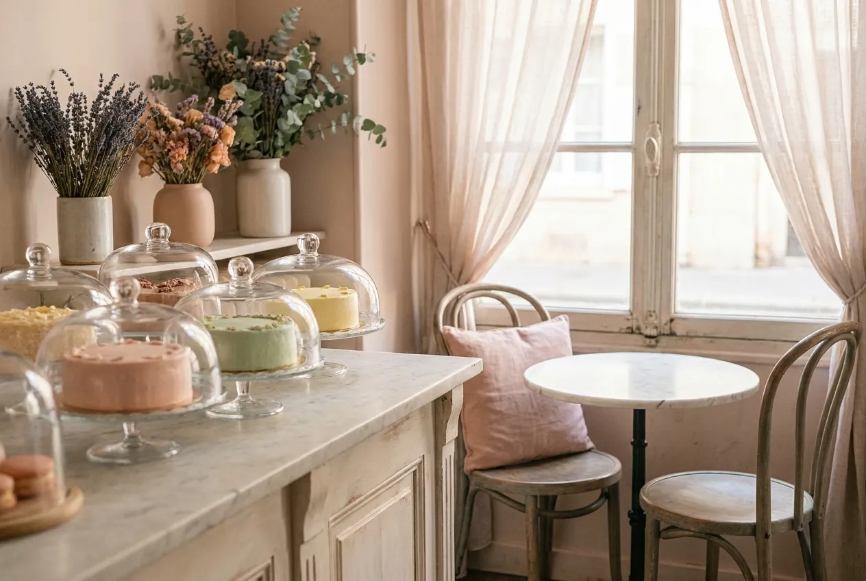 The pastel tea salon: cloched cakes on a marble counter, a small round café table by a curtained window.