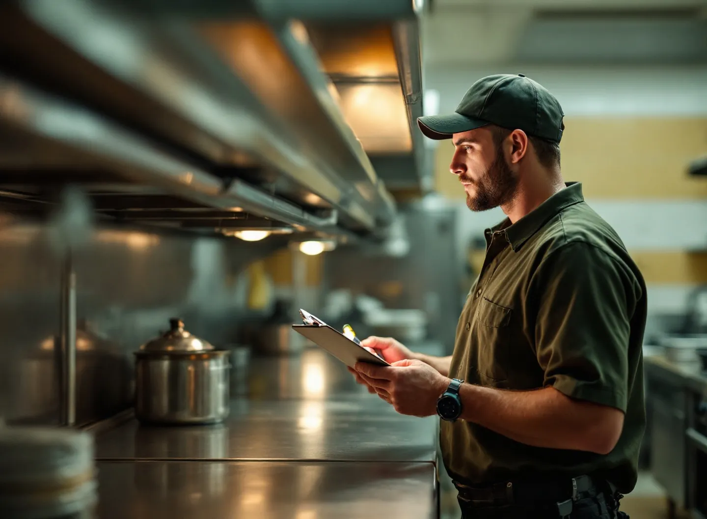 A Trace & Ward technician inspecting under stainless benches in a commercial kitchen