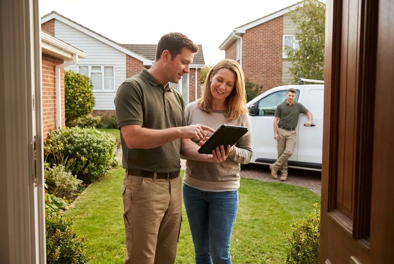 A Trace & Ward technician walking a homeowner through the visit report on a tablet at her front door