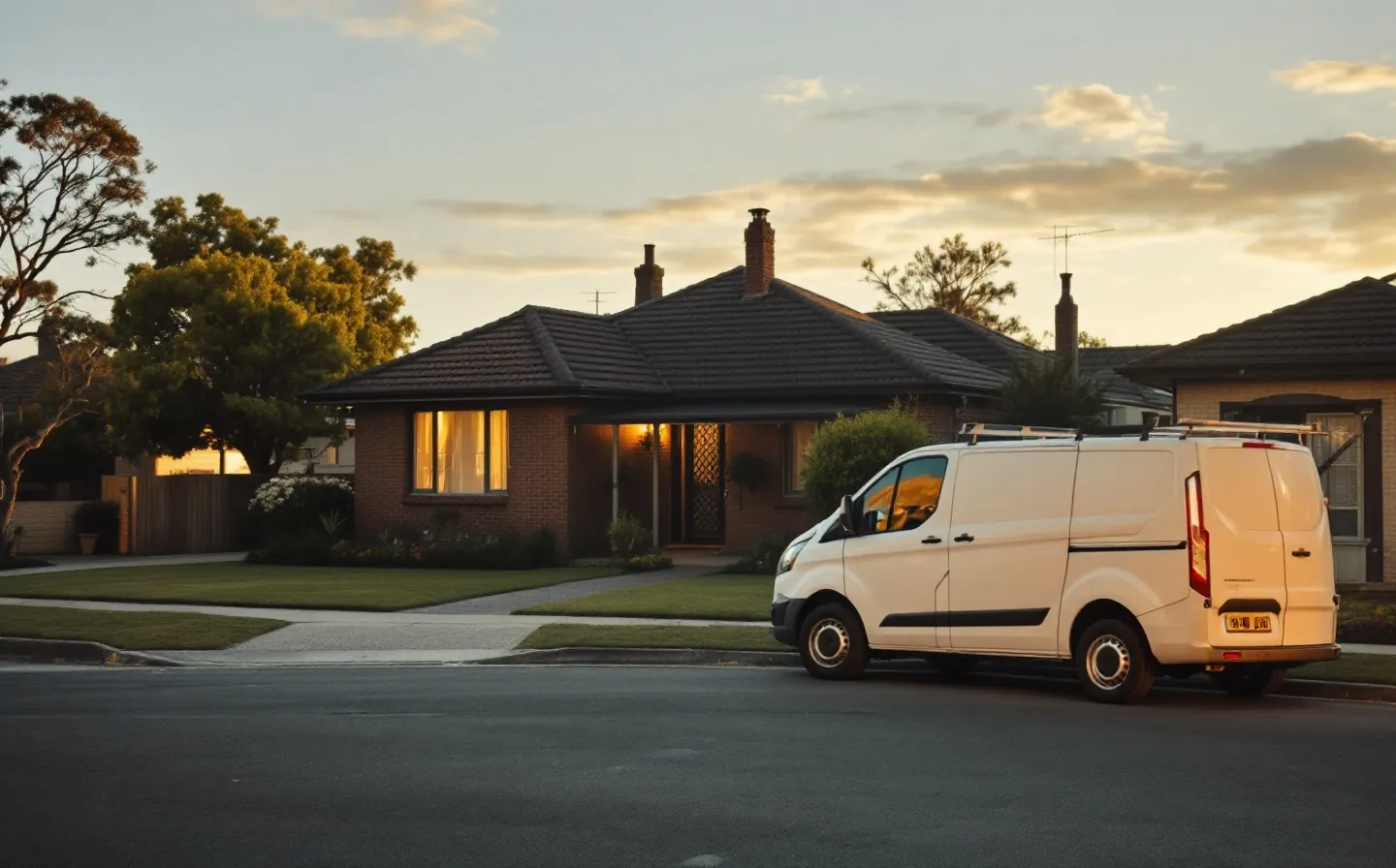 A quiet suburban home at dusk with a plain white Trace & Ward van parked at the kerb