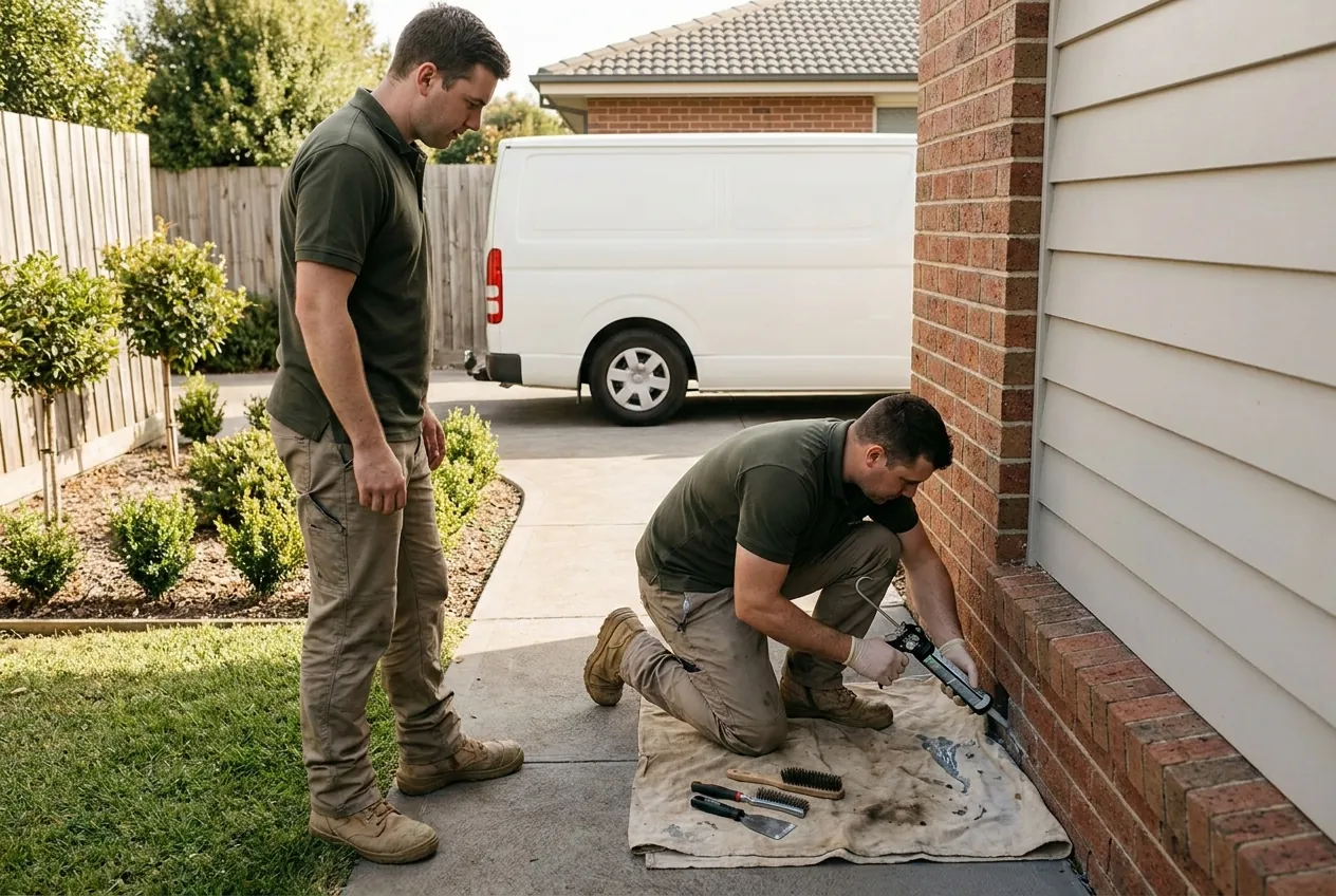A Trace & Ward technician neatly sealing a weep-hole entry point on a brick wall while a colleague checks the run