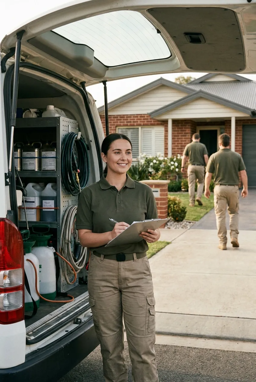 Lena Ashcombe, lead technician, at the rear doors of a Trace & Ward van
