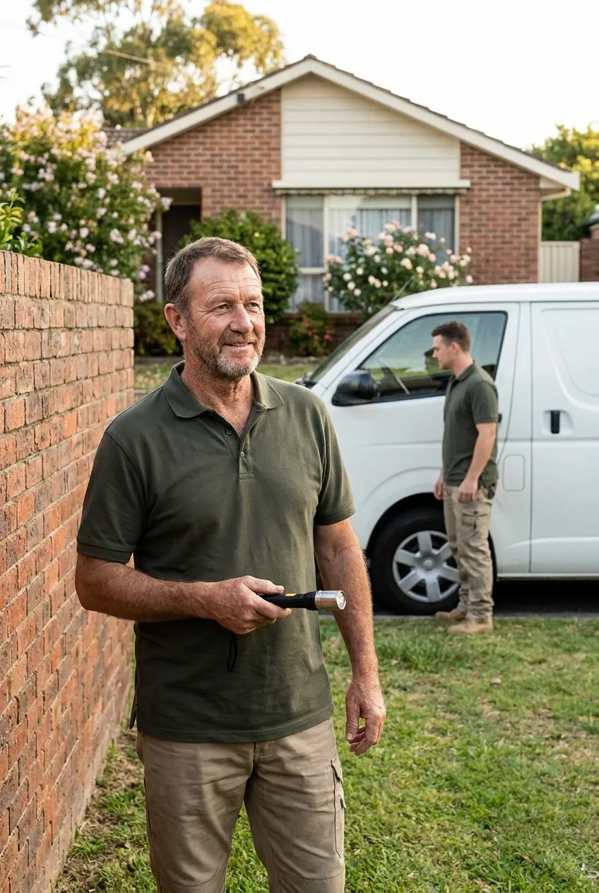 Marcus Deverell, senior technician, holding an inspection torch in a residential garden