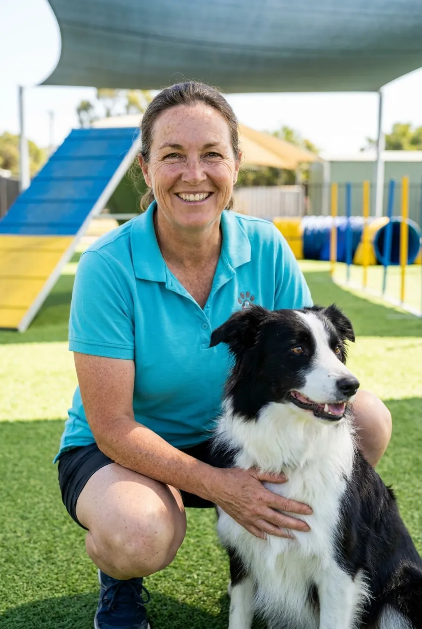 June Calloway crouched beside her border collie on the turf