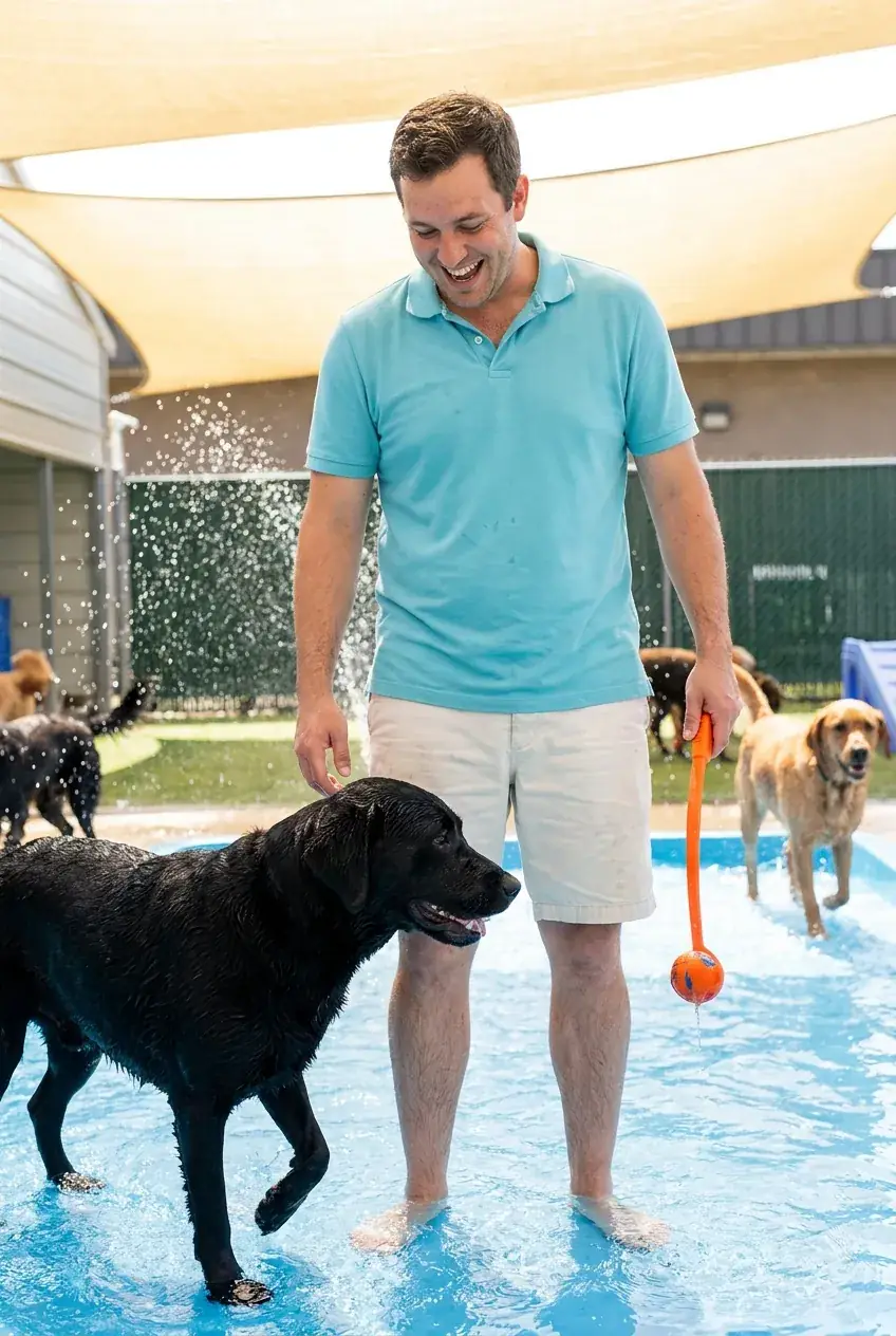Marcus Bell laughing with a wet labrador at the edge of the splash pool