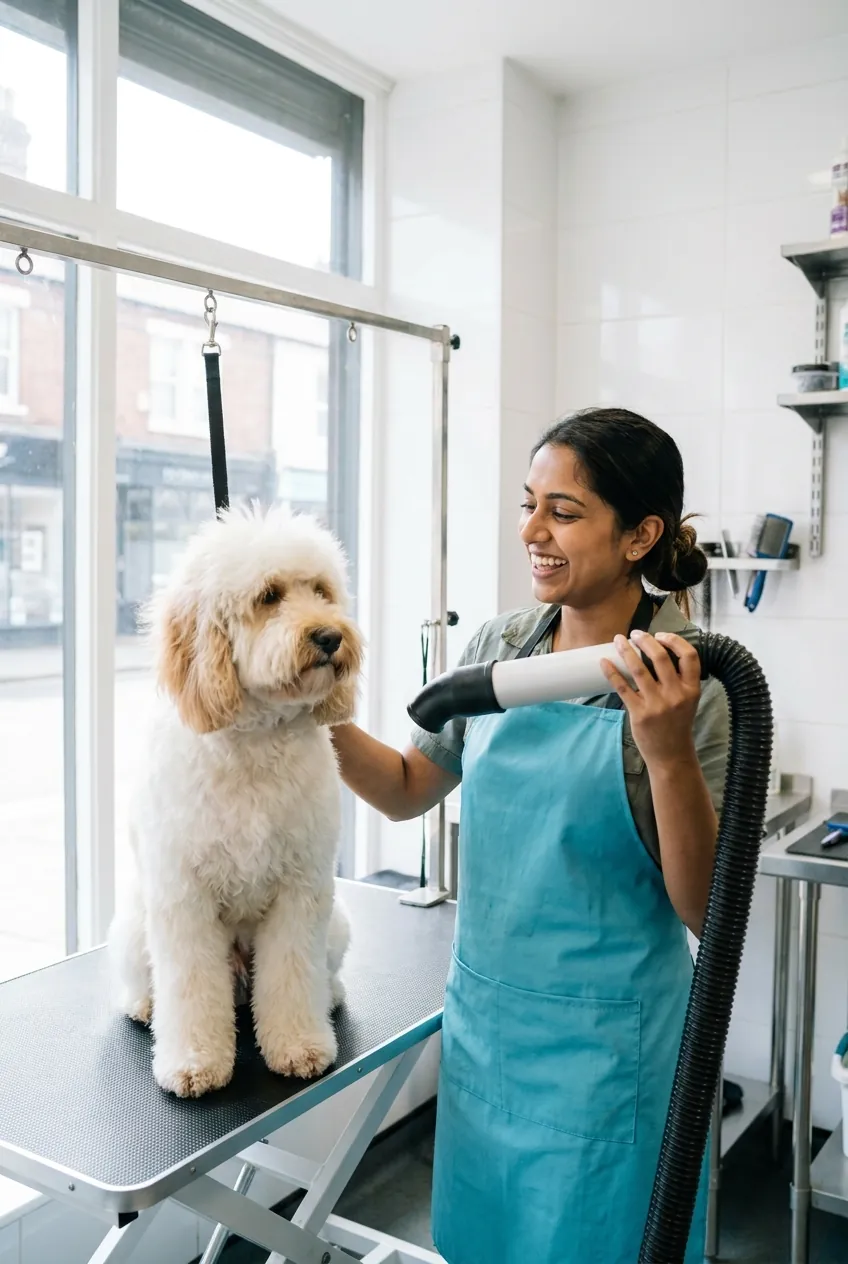 Priya Nand blow-drying a fluffy cockapoo in the grooming studio
