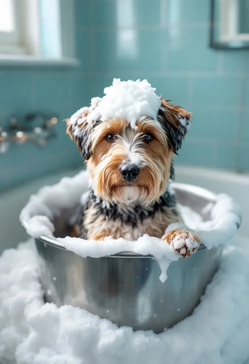 A terrier in the wash tub wearing a shampoo-suds mohawk