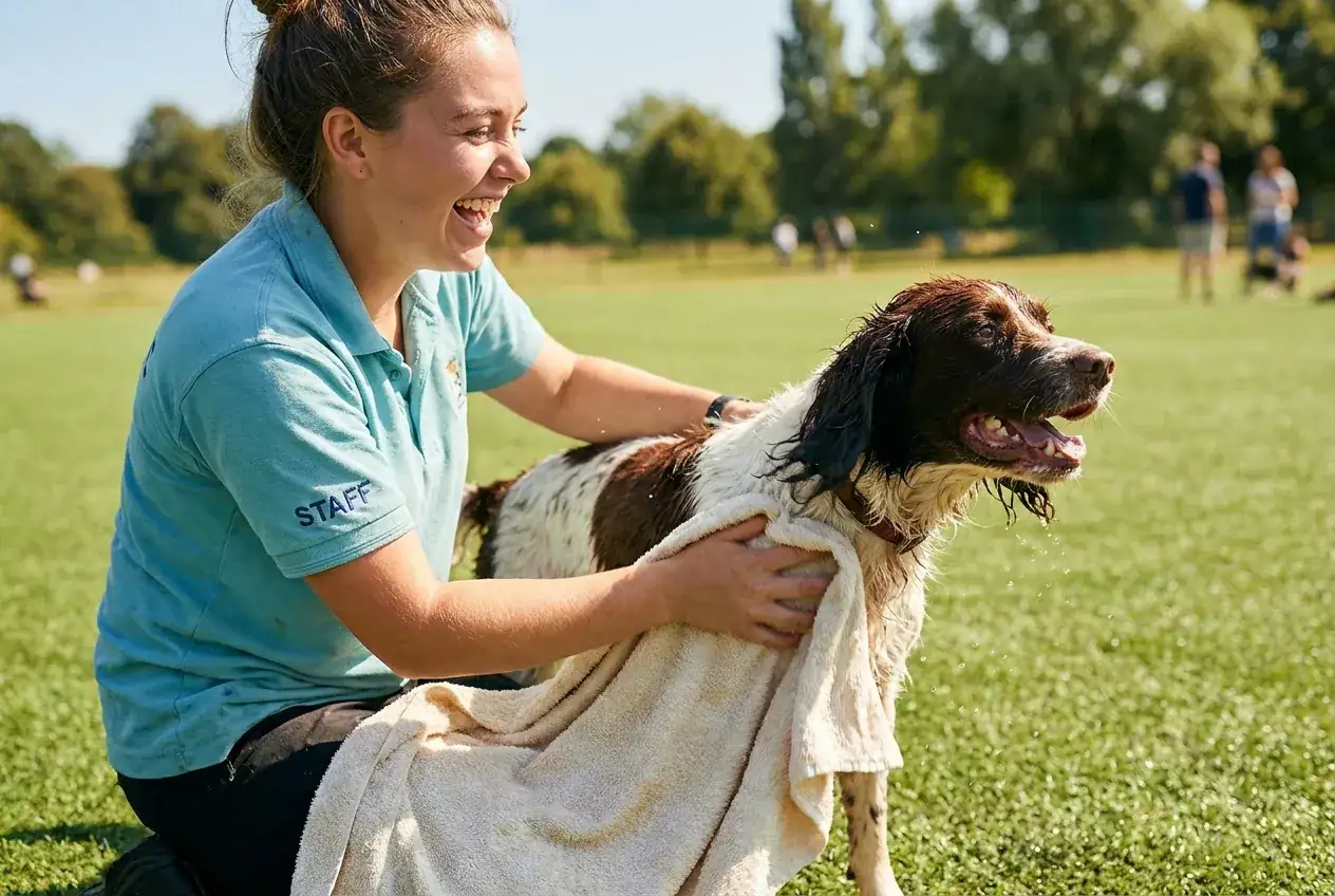 A handler laughing while towelling off a wet springer spaniel on the turf