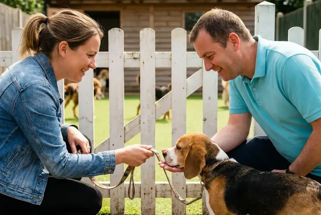 An owner handing the leash to a handler while a beagle sniffs the handler's hand at the gate