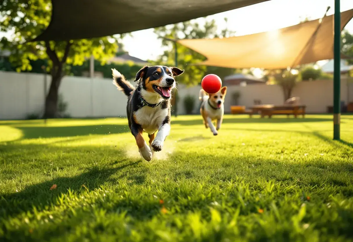 Two dogs sprinting across the turf after a ball frozen mid-air