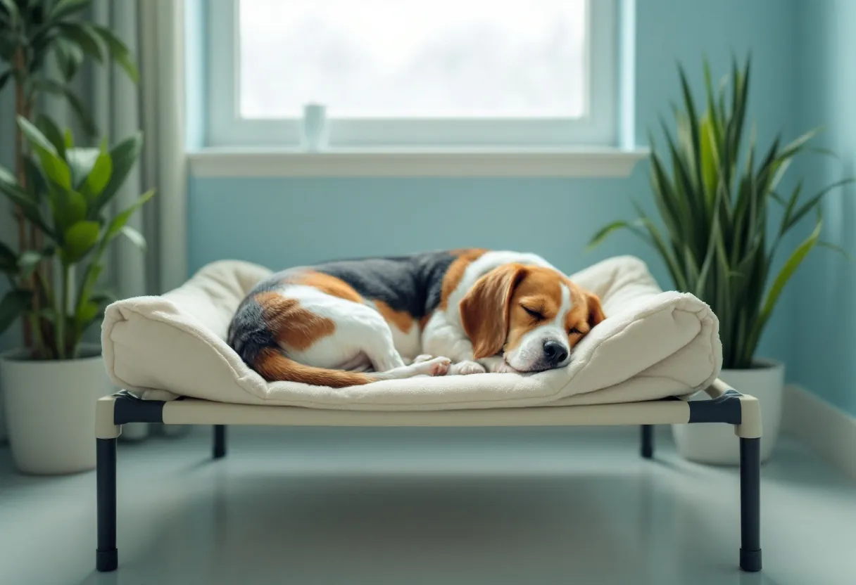 A beagle asleep on a raised cot in the quiet nap wing