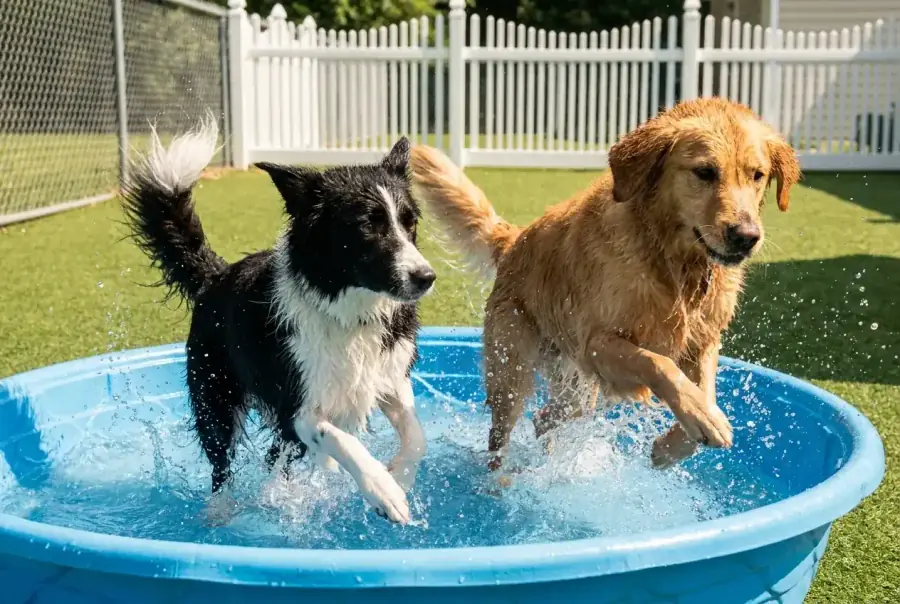 A border collie and a golden retriever romping through the splash pool