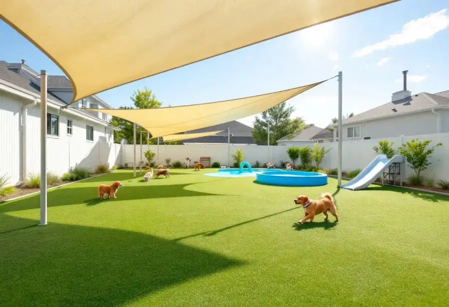 The shaded turf yard with splash pools and the play ramp