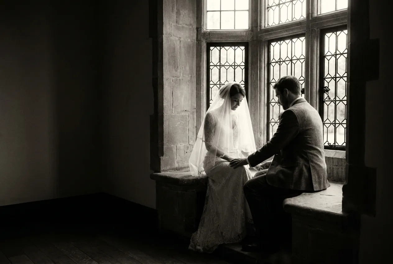 Bride and groom sitting together in the window light of a stone manor