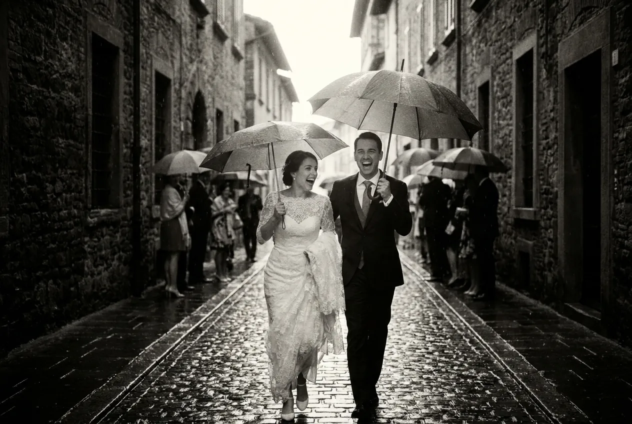 Couple laughing under umbrellas in a rainy lane