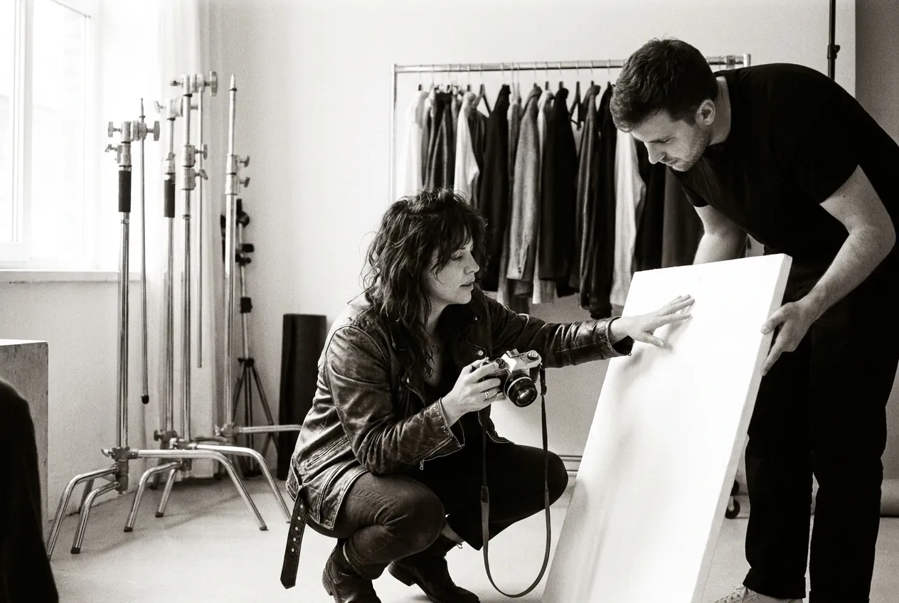 Photographer and assistant checking a frame on set