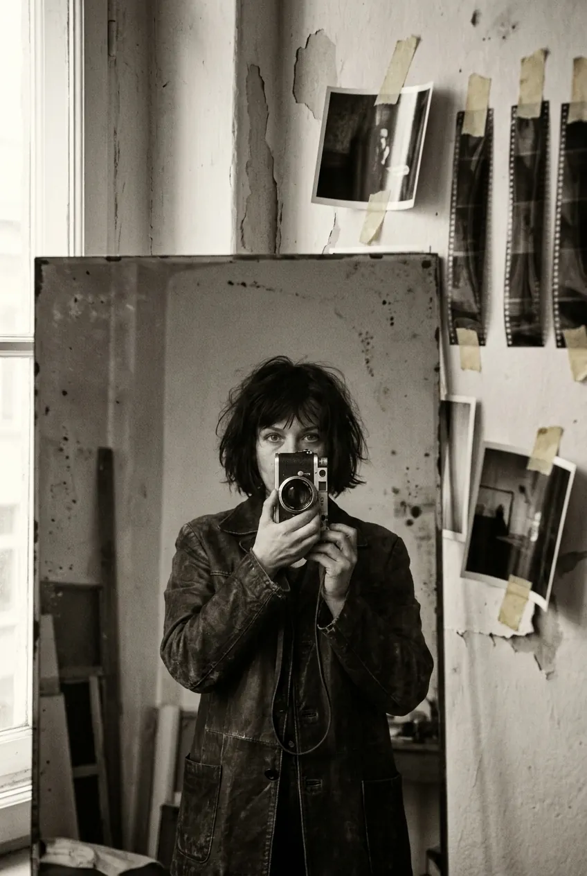 Mara Ellison, self-portrait in the studio mirror with her rangefinder camera