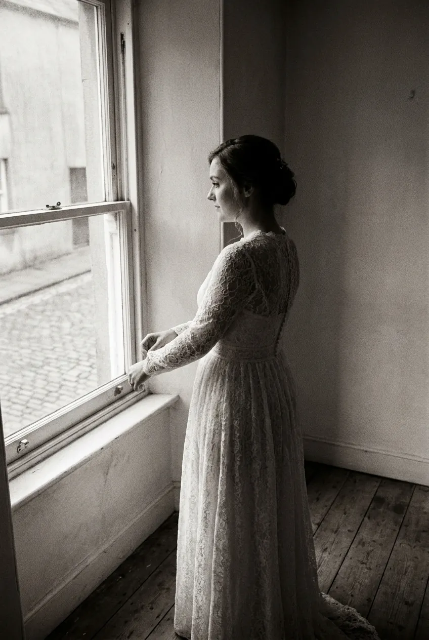 Bride at a sash window in soft light