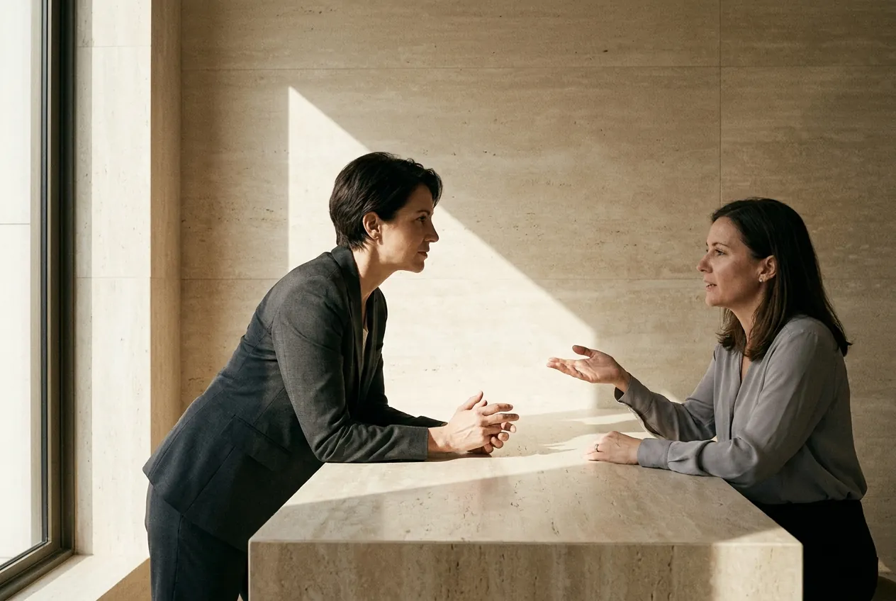 A consultation in progress across the stone table at Hadria.
