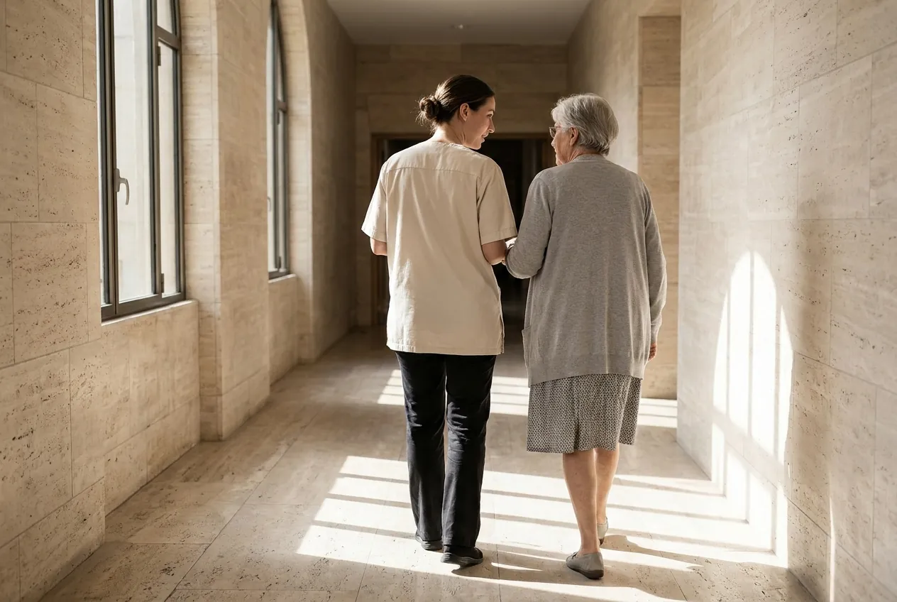 A nurse walking a patient through the quiet Hadria consulting rooms.