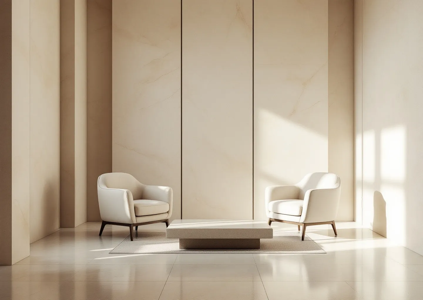 A consulting room at Hadria: a stone table, two chairs, and raking morning light across travertine.