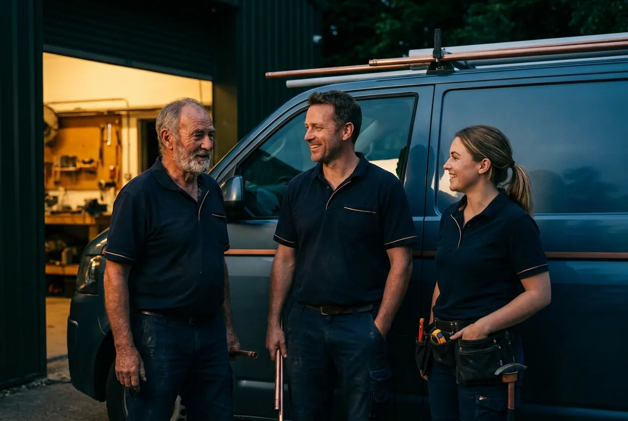 Ray, Dean and Sophie Bellweir outside the workshop at dusk, copper pipe in hand, the van behind them.