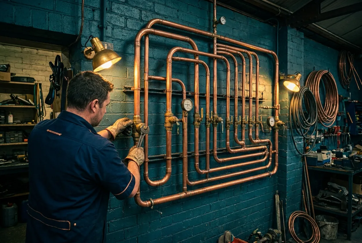 A Bellweir plumber tightens a fitting on the workshop's copper manifold wall.