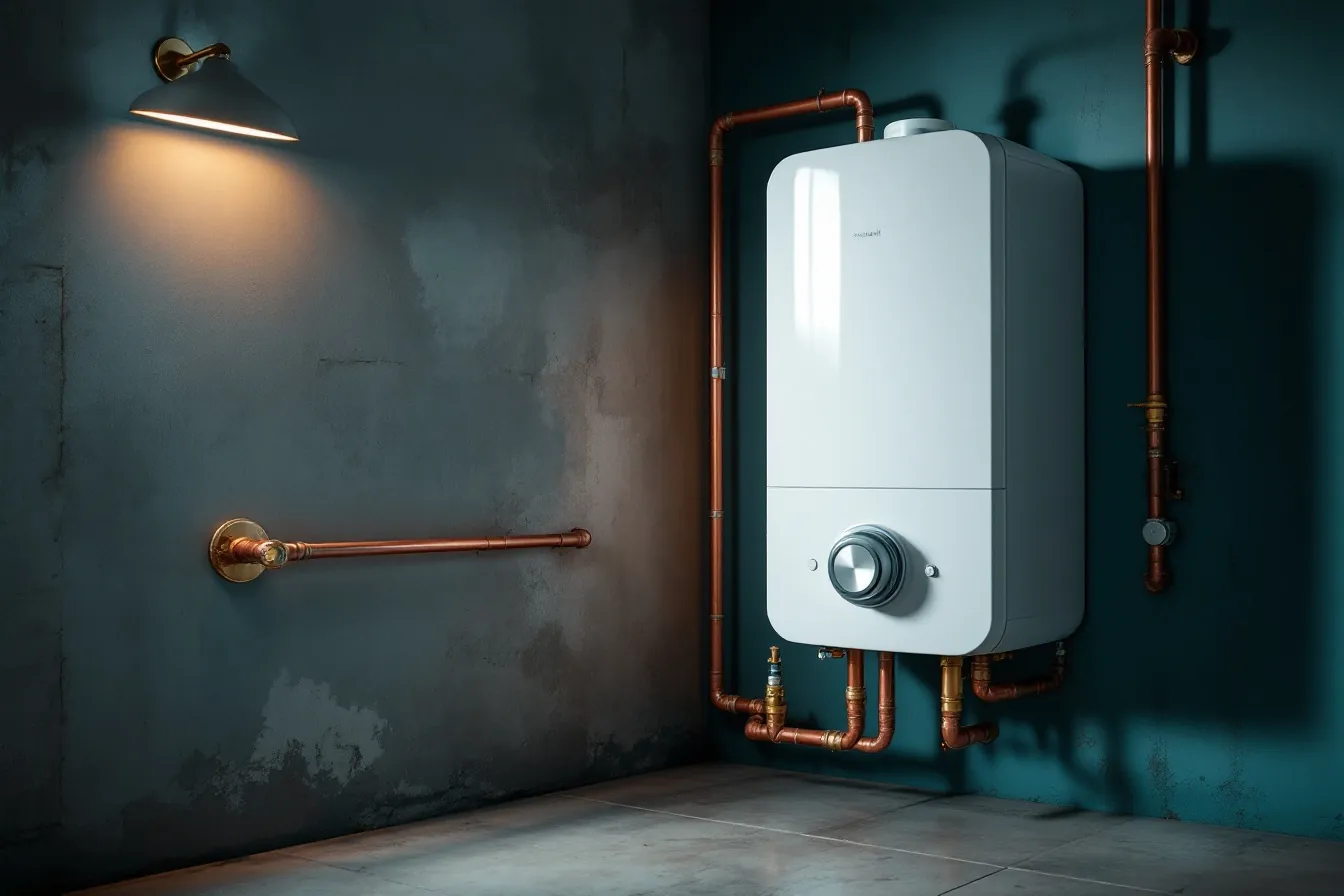 A freshly serviced instant hot-water unit on neat copper pipework.