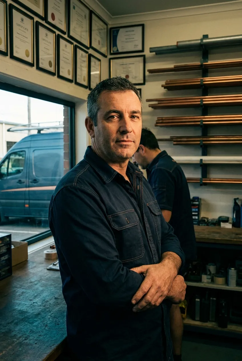 Dean Bellweir in the Foundry Lane workshop, the certificate wall and copper rack behind him.