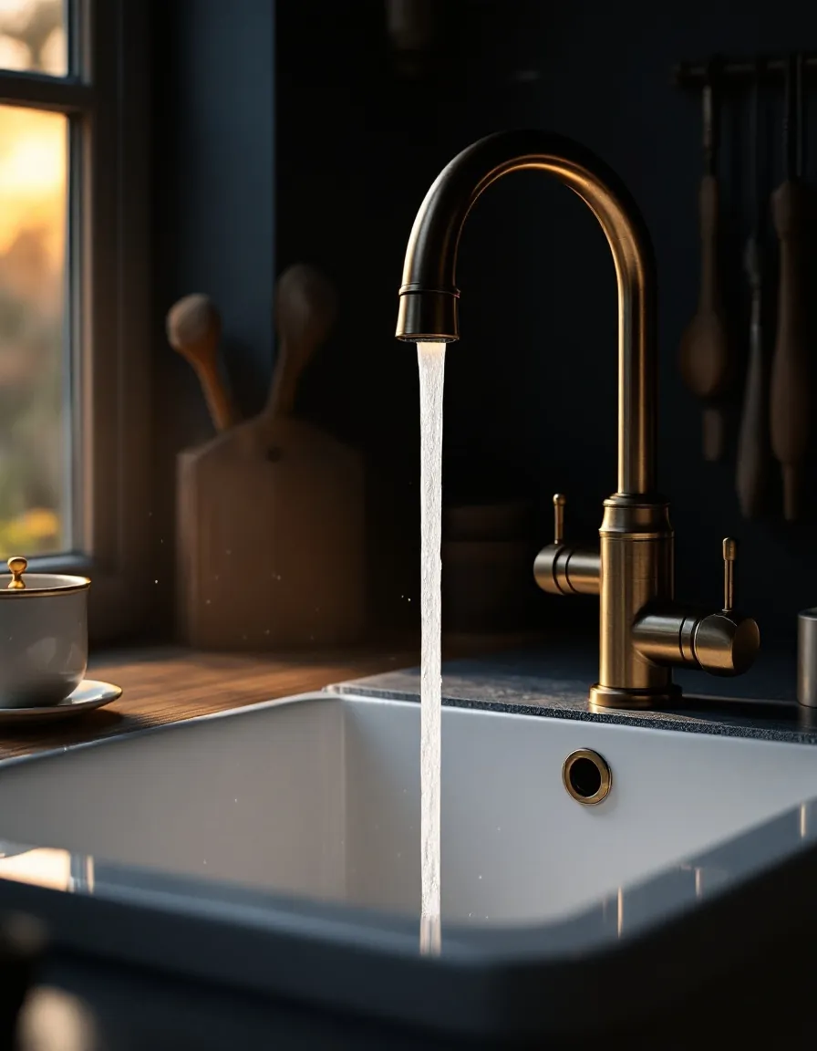 A brass tap running crystal-clear water into a porcelain sink, backlit by evening light.