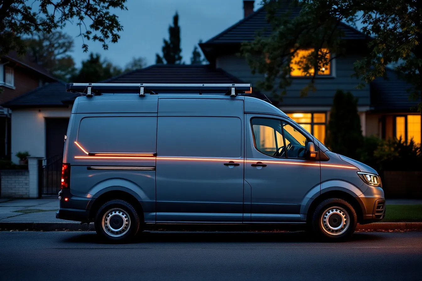 A slate-blue Bellweir van with its copper stripe, parked at a customer's kerb at dusk.